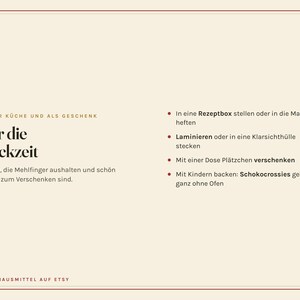 K&ouml;nnte beinhalten: Eine rechteckige, cremefarbene Karte mit schwarzem Text unter der &Uuml;berschrift F&uuml;r die Backzeit. Der Text enth&auml;lt Anleitungen zur Verwendung von Rezeptkarten, wie das Einordnen in eine Box, das Laminieren oder das Verschenken mit Pl&auml;tzchen.