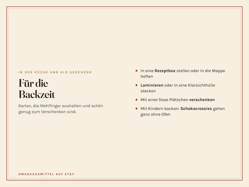 K&ouml;nnte beinhalten: Eine rechteckige, cremefarbene Karte mit schwarzem Text unter der &Uuml;berschrift F&uuml;r die Backzeit. Der Text enth&auml;lt Anleitungen zur Verwendung von Rezeptkarten, wie das Einordnen in eine Box, das Laminieren oder das Verschenken mit Pl&auml;tzchen.