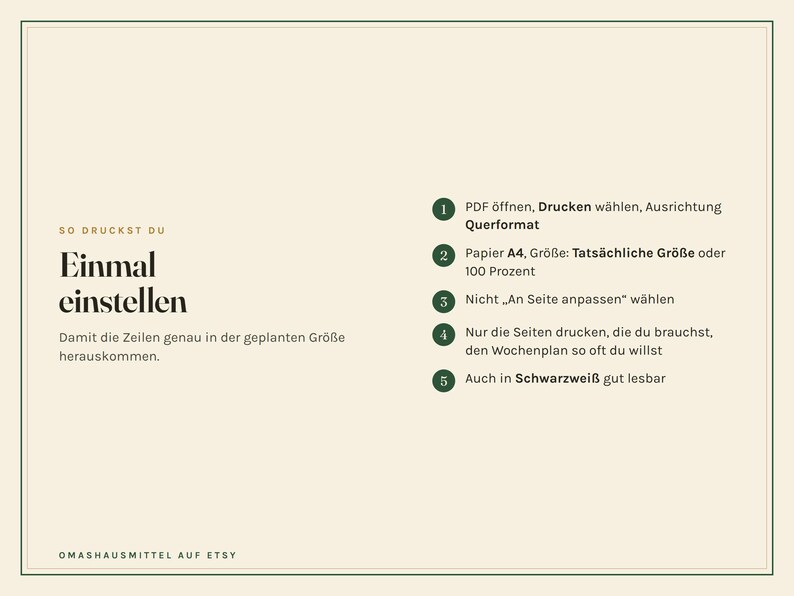 Peut inclure: Un graphique d'instructions beige avec des bordures et du texte vert fonc&eacute;. Le c&ocirc;t&eacute; gauche indique 'SO DRUCKST DU Einmal einstellen' et 'Damit die Zeilen genau in der geplanten Gr&ouml;&szlig;e herauskommen.' Le c&ocirc;t&eacute; droit liste cinq &eacute;tapes num&eacute;rot&eacute;es en allemand.