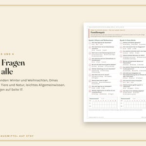 K&ouml;nnte beinhalten: Ein gedrucktes Quizblatt mit dem Titel Familienquiz, das 40 Fragen in vier Runden zu Themen wie Winter, Weihnachten, Omas K&uuml;che, Tiere, Natur und Allgemeinwissen enth&auml;lt, inklusive Antwortfeldern und L&ouml;sungen auf Seite 17.