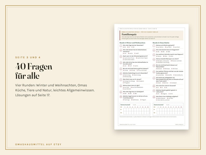 K&ouml;nnte beinhalten: Ein gedrucktes Quizblatt mit dem Titel Familienquiz, das 40 Fragen in vier Runden zu Themen wie Winter, Weihnachten, Omas K&uuml;che, Tiere, Natur und Allgemeinwissen enth&auml;lt, inklusive Antwortfeldern und L&ouml;sungen auf Seite 17.