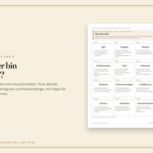 K&ouml;nnte beinhalten: Ein ausdruckbares Spielblatt mit dem Titel Wer bin ich? mit 24 Karten zum Ausschneiden, darunter Tiere, Berufe, M&auml;rchenfiguren und K&uuml;chengegenst&auml;nde. Das Blatt enth&auml;lt deutschen Text mit Hinweisen f&uuml;r jede Karte, um das Raten zu erleichtern.