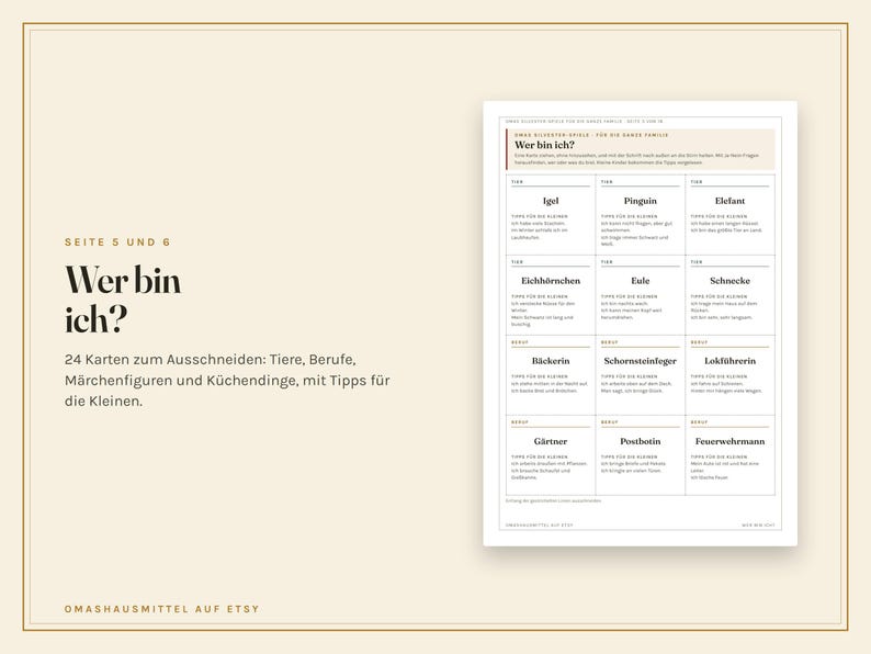 K&ouml;nnte beinhalten: Ein ausdruckbares Spielblatt mit dem Titel Wer bin ich? mit 24 Karten zum Ausschneiden, darunter Tiere, Berufe, M&auml;rchenfiguren und K&uuml;chengegenst&auml;nde. Das Blatt enth&auml;lt deutschen Text mit Hinweisen f&uuml;r jede Karte, um das Raten zu erleichtern.