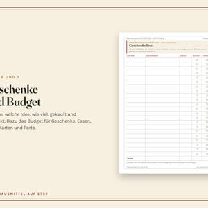 May include: A digital planner page titled Geschenkeliste featuring a table with columns for recipient, gift idea, budget, purchased status, and wrapped status. The text includes headings for gifts and budget, with a beige background and dark text.