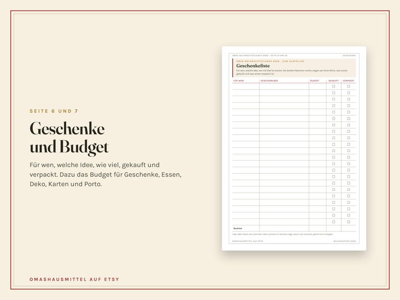 May include: A digital planner page titled Geschenkeliste featuring a table with columns for recipient, gift idea, budget, purchased status, and wrapped status. The text includes headings for gifts and budget, with a beige background and dark text.
