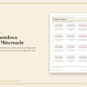 K&ouml;nnte beinhalten: Ein druckbares Blatt mit dem Titel Kinder-Countdown, das zw&ouml;lf rechteckige Etiketten mit st&uuml;ndlichen Countdown-Aufgaben von 12 bis 1 Stunde vor Mitternacht enth&auml;lt. Jedes Etikett enth&auml;lt deutsche Textanweisungen f&uuml;r Kinder zum Ausf&uuml;hren.