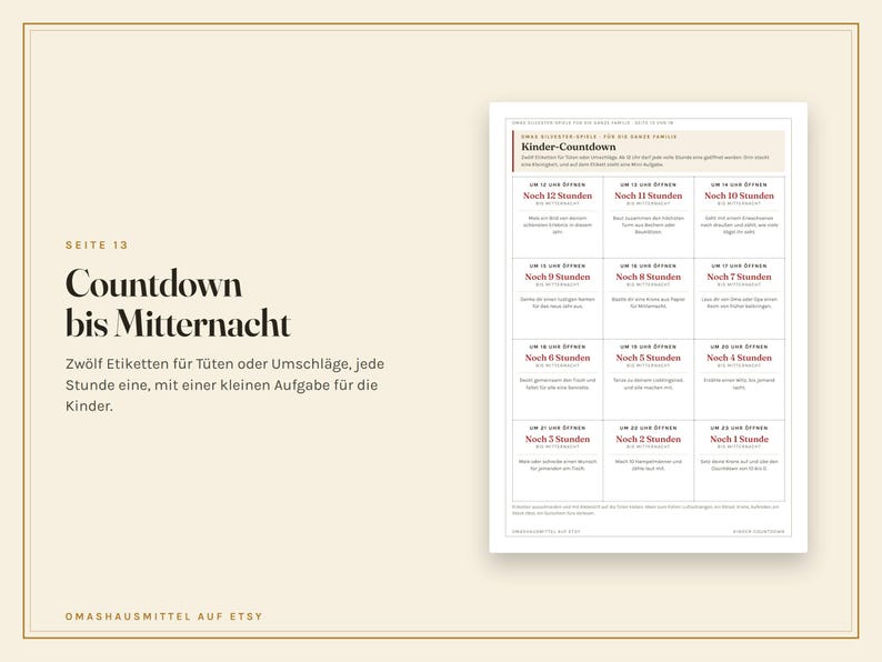 K&ouml;nnte beinhalten: Ein druckbares Blatt mit dem Titel Kinder-Countdown, das zw&ouml;lf rechteckige Etiketten mit st&uuml;ndlichen Countdown-Aufgaben von 12 bis 1 Stunde vor Mitternacht enth&auml;lt. Jedes Etikett enth&auml;lt deutsche Textanweisungen f&uuml;r Kinder zum Ausf&uuml;hren.
