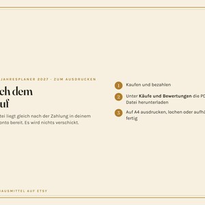 May include: A beige digital instruction card titled OMAS JAHRESPLANER 2027 - ZUM AUSDRUCKEN. It features text explaining the purchase process in German, including steps labelled 1, 2, and 3, with a thin brown border framing the entire rectangular graphic.