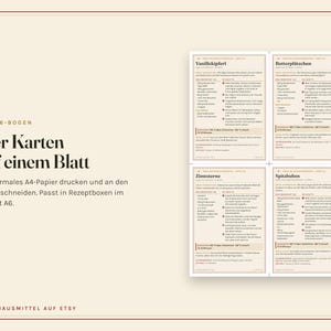 K&ouml;nnte beinhalten: Ein druckbarer A4-Bogen mit vier A6-Rezeptkarten f&uuml;r Vanillekipferl, Butterpl&auml;tzchen, Zimtsterne und Spitzbuben. Das Layout enth&auml;lt Schnittlinien f&uuml;r die einzelnen Karten und ist auf einem hellbeigen Hintergrund dargestellt.
