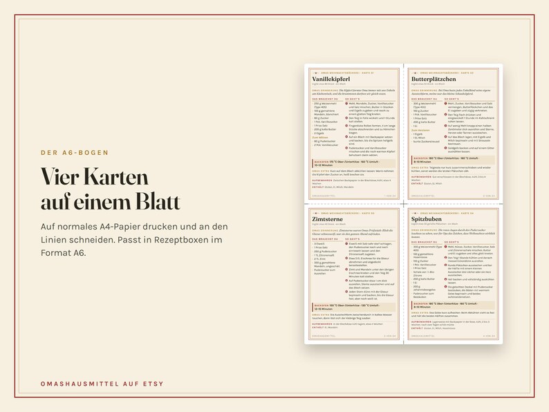 K&ouml;nnte beinhalten: Ein druckbarer A4-Bogen mit vier A6-Rezeptkarten f&uuml;r Vanillekipferl, Butterpl&auml;tzchen, Zimtsterne und Spitzbuben. Das Layout enth&auml;lt Schnittlinien f&uuml;r die einzelnen Karten und ist auf einem hellbeigen Hintergrund dargestellt.