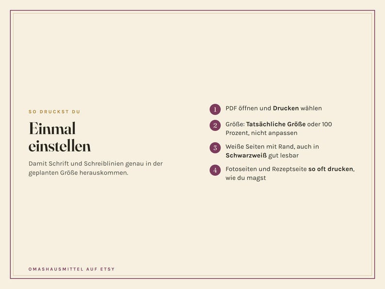 Op de afbeelding: Een instructieve afbeelding met een cr&egrave;mekleurige achtergrond en donkere tekst die vier stappen voor het afdrukken van een PDF beschrijft. De tekst geeft aan het bestand te openen, de werkelijke grootte op 100 procent te selecteren en pagina's.