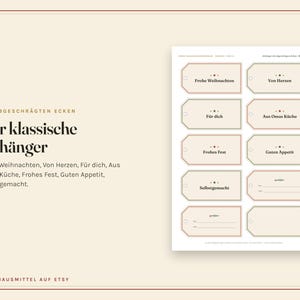 May include: A sheet of ten rectangular gift tags with angled corners, featuring printed German text including Frohe Weihnachten, Von Herzen, F&uuml;r dich, Aus Omas K&uuml;che, Frohes Fest, Guten Appetit, and Selbstgemacht, with two blank tags for custom writing.