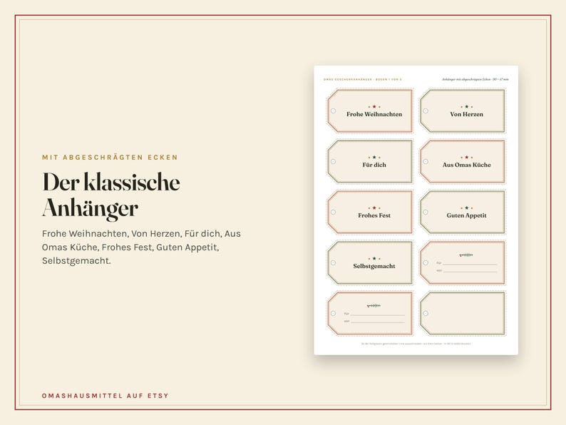 May include: A sheet of ten rectangular gift tags with angled corners, featuring printed German text including Frohe Weihnachten, Von Herzen, F&uuml;r dich, Aus Omas K&uuml;che, Frohes Fest, Guten Appetit, and Selbstgemacht, with two blank tags for custom writing.