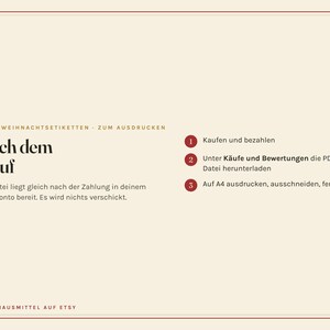 May include: A digital instruction graphic on a cream background with a thin red border. The text reads OMAS WEIHNACHTSETIKETTEN - ZUM AUSDRUCKEN, Nach dem Kauf, and includes three numbered red circles with steps for downloading and printing a PDF file.