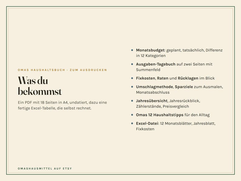 Haushaltsbuch zum Ausdrucken, undatiert, Budgetplaner PDF A4 und Excel Tabelle, Ausgaben, Fixkosten, Sparziele, Umschlagmethode Bild 3