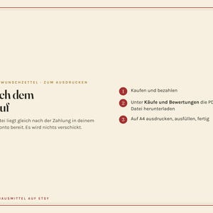 Puede incluir: Una tarjeta de instrucciones digital con fondo crema y borde rojo fino. El texto dice OMAS WUNSCHZETTEL ZUM AUSDRUCKEN, Nach dem Kauf, y enumera tres pasos: 1 Kaufen und bezahlen, 2 Unter K&auml;ufe und Bewertungen die PDF-Datei herunterladen, 3 Auf A4 ausdrucken, ausf&uuml;llen, fertig. OMASHAUSMITTEL AUF ETSY aparece en la parte inferior.