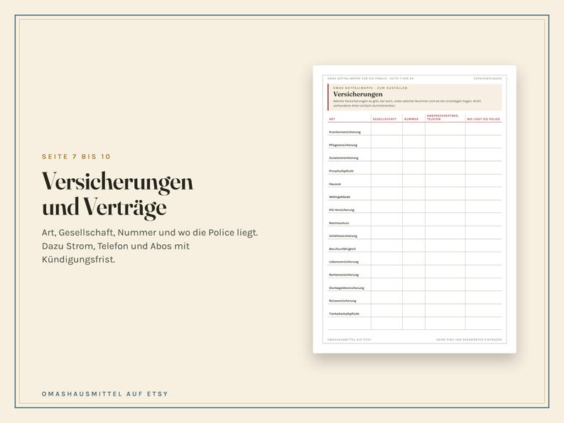 Notfallordner zum Ausdrucken, Notfallmappe für die Familie, Vorsorgeordner Vorlage, Wo liegt was, Notfallkarte, PDF A4 image 5