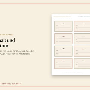 May include: A sheet of eight rectangular labels with thin borders, featuring lines for writing content and dates. The text on the sheet includes 'ZUM BESCHRIFTEN', 'Inhalt und Datum', 'Etiketten mit Linien f&uuml;r alles, was du selbst abf&uuml;llst, von Pl&auml;tzchen bis Kr&auml;utersalz', and 'OMASHAUSMITTEL AUF ETSY'.