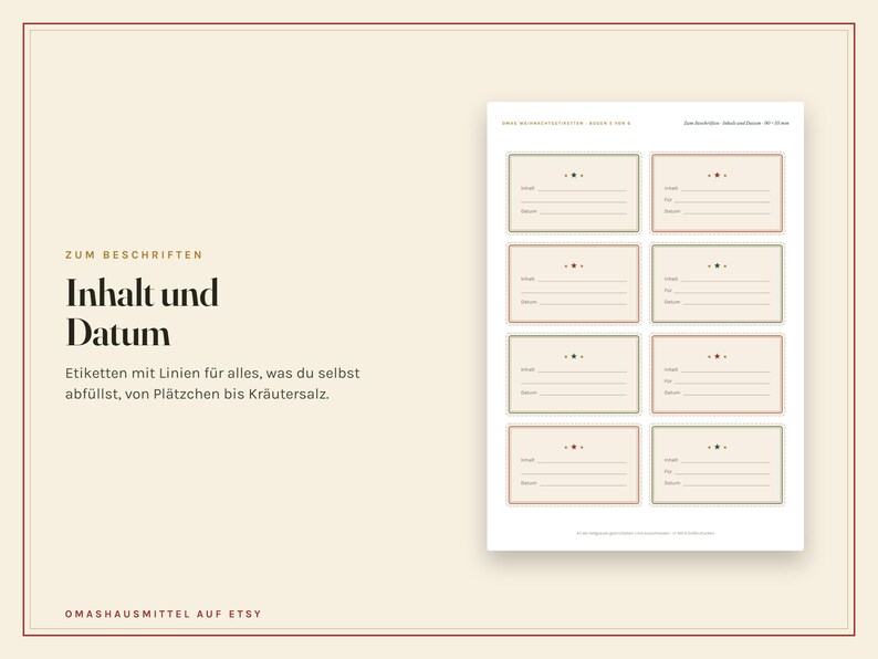 May include: A sheet of eight rectangular labels with thin borders, featuring lines for writing content and dates. The text on the sheet includes 'ZUM BESCHRIFTEN', 'Inhalt und Datum', 'Etiketten mit Linien f&uuml;r alles, was du selbst abf&uuml;llst, von Pl&auml;tzchen bis Kr&auml;utersalz', and 'OMASHAUSMITTEL AUF ETSY'.