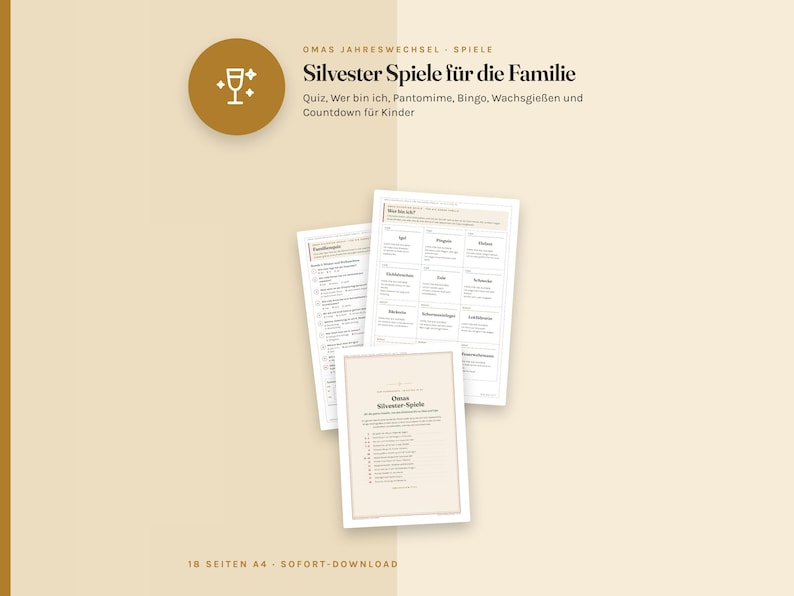 K&ouml;nnte beinhalten: Ein Set aus A4-Spielb&ouml;gen f&uuml;r Silvester mit dem Text Omas Jahreswechsel Spiele, Silvester Spiele f&uuml;r die Familie sowie einer Liste von Aktivit&auml;ten wie Quiz, Bingo, Pantomime, Wachsgie&szlig;en und Countdown, gestaltet in Beige- und Braunt&ouml;nen.