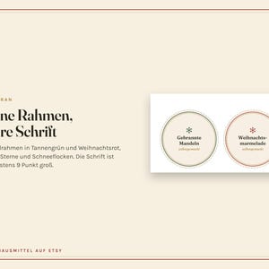 May include: Two circular labels with thin borders in pine green and Christmas red. The left label features a green star icon, the text Gebrannte Mandeln, and the word selbstgemacht. The right label features a red snowflake icon, the text Weihnachtsmarmelade, and the word selbstgemacht.
