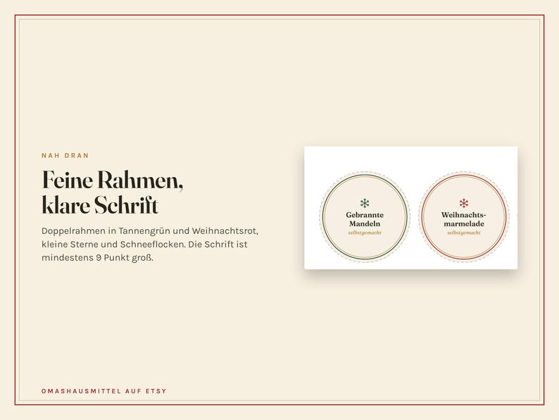 May include: Two circular labels with thin borders in pine green and Christmas red. The left label features a green star icon, the text Gebrannte Mandeln, and the word selbstgemacht. The right label features a red snowflake icon, the text Weihnachtsmarmelade, and the word selbstgemacht.