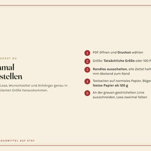 Peut inclure: Un graphique d'instructions sur fond cr&egrave;me avec une bordure rouge fonc&eacute;. Le texte indique : SO DRUCKST DU Einmal einstellen. Il comprend une liste num&eacute;rot&eacute;e de 1 &agrave; 5 avec des instructions en allemand pour imprimer des documents PDF, incluant le grammage.