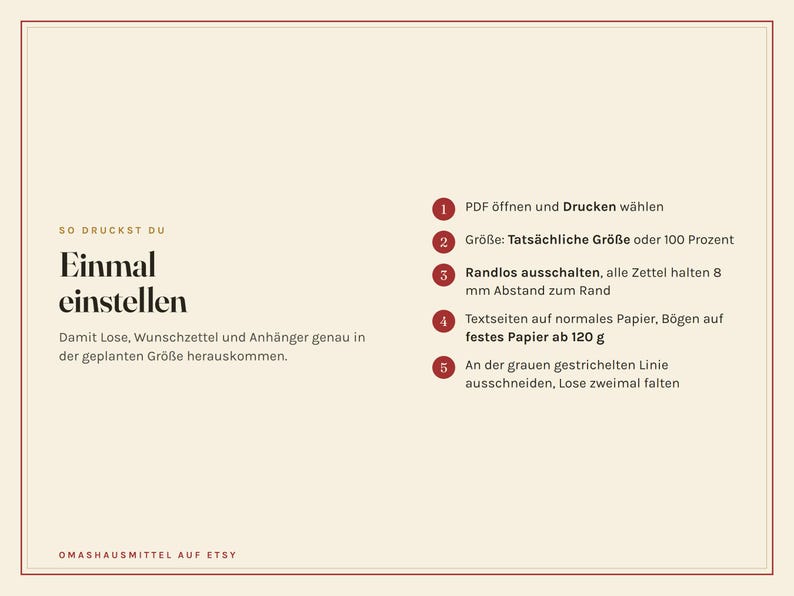 Peut inclure: Un graphique d'instructions sur fond cr&egrave;me avec une bordure rouge fonc&eacute;. Le texte indique : SO DRUCKST DU Einmal einstellen. Il comprend une liste num&eacute;rot&eacute;e de 1 &agrave; 5 avec des instructions en allemand pour imprimer des documents PDF, incluant le grammage.