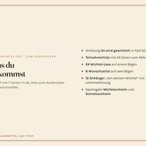 Peut inclure: Un ensemble PDF imprimable intitul&eacute; OMAS WICHTEL-SET ZUM AUSDRUCKEN. Le document comprend des instructions, une liste de participants avec 24 lignes, 24 billets de tombola, 8 listes de souhaits, 12 &eacute;tiquettes cadeaux et des r&egrave;gles de jeux d'&eacute;change.