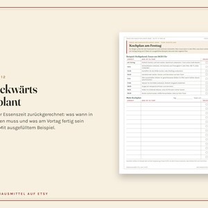 May include: A page from a planner titled 'R&uuml;ckw&auml;rts geplant' featuring a 'Kochplan am Festtag' template. The document includes a pre-filled schedule for holiday meal preparation with checkboxes and a blank section for personal meal planning.