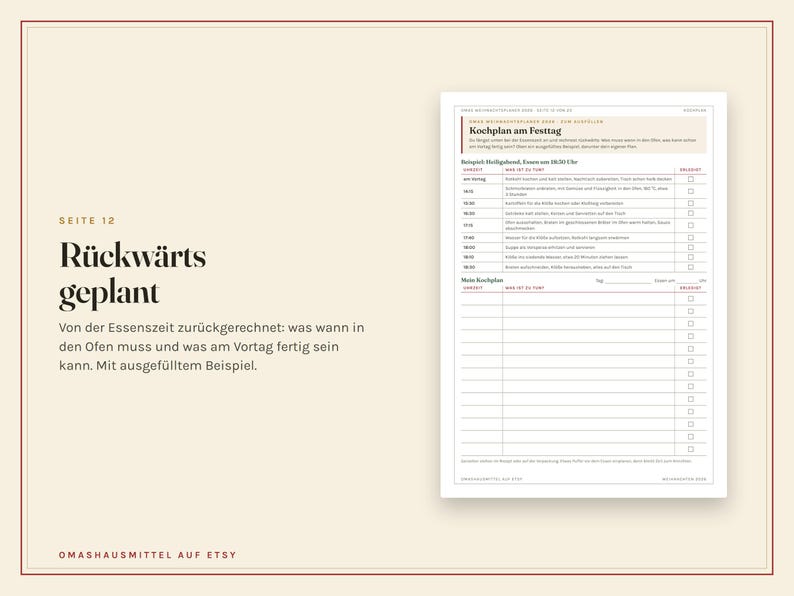 May include: A page from a planner titled 'R&uuml;ckw&auml;rts geplant' featuring a 'Kochplan am Festtag' template. The document includes a pre-filled schedule for holiday meal preparation with checkboxes and a blank section for personal meal planning.