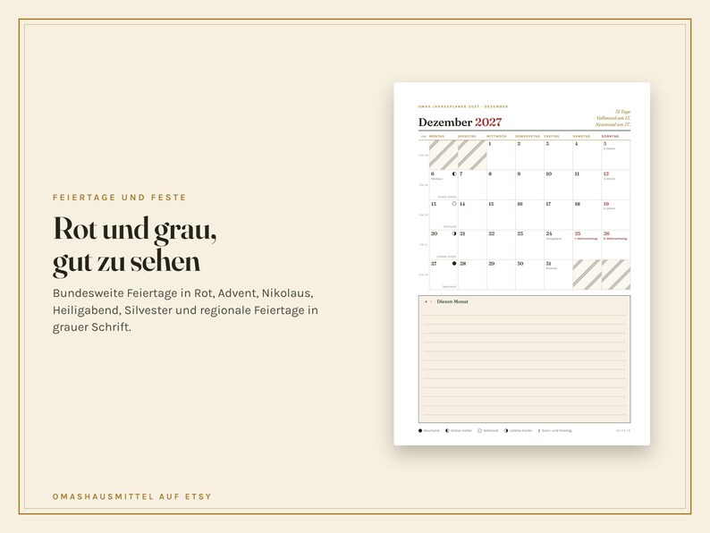 May include: A monthly calendar page for December 2027 featuring a grid layout with dates, days of the week in German, and a lined notes section at the bottom. The text includes 'Dezember 2027', 'Feiertage und Feste', and 'Rot und grau, gut zu sehen'.