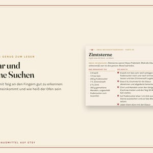 K&ouml;nnte beinhalten: Eine cremefarbene Rezeptkarte f&uuml;r Zimtsterne mit schwarzem Text. Auf der linken Seite steht Gross genug zum lesen, Klar und ohne Suchen. Die rechte Seite listet Zutaten wie 3 Eiwei&szlig;, 250g Puderzucker und 350g Mandeln sowie die Zubereitung.