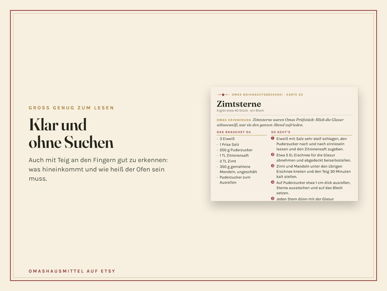 K&ouml;nnte beinhalten: Eine cremefarbene Rezeptkarte f&uuml;r Zimtsterne mit schwarzem Text. Auf der linken Seite steht Gross genug zum lesen, Klar und ohne Suchen. Die rechte Seite listet Zutaten wie 3 Eiwei&szlig;, 250g Puderzucker und 350g Mandeln sowie die Zubereitung.