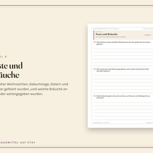 Op de afbeelding: Een cr&egrave;mekleurige pagina met de titel Kapitel 9 Feste und Br&auml;uche, met een lijst vragen over feesttradities uit de kindertijd. De tekst bevat vragen over Kerstmis, verjaardagen, Pasen en oudejaarsavond in het Duits.