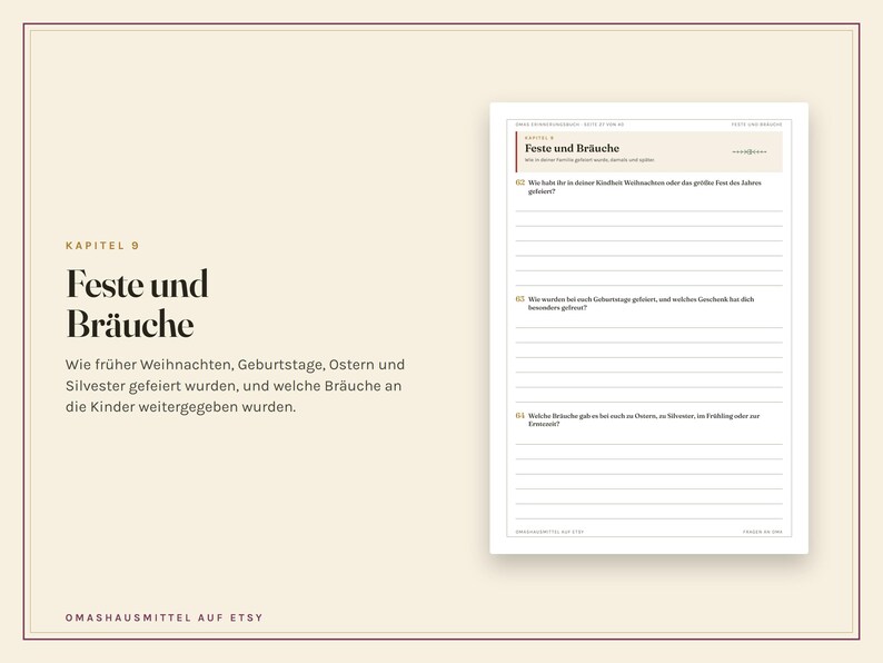 Op de afbeelding: Een cr&egrave;mekleurige pagina met de titel Kapitel 9 Feste und Br&auml;uche, met een lijst vragen over feesttradities uit de kindertijd. De tekst bevat vragen over Kerstmis, verjaardagen, Pasen en oudejaarsavond in het Duits.