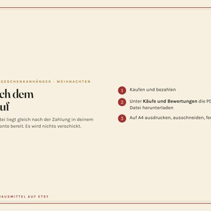 May include: A beige informational graphic titled OMAS GESCHENKANH&Auml;NGER - WEIHNACHTEN. It outlines a three-step process: Kaufen und bezahlen, Unter K&auml;ufe und Bewertungen die PDF-Datei herunterladen, and Auf A4 ausdrucken, ausschneiden, fertig.