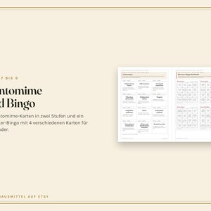 K&ouml;nnte beinhalten: Eine digitale Dokumentenseite mit dem Text 'SEITE 7 BIS 9', 'Pantomime und Bingo' und '24 Pantomime-Karten in zwei Stufen und ein Silvester-Bingo mit 4 verschiedenen Karten f&uuml;r die Kinder.' Sie zeigt ein Raster mit Spielkarten.