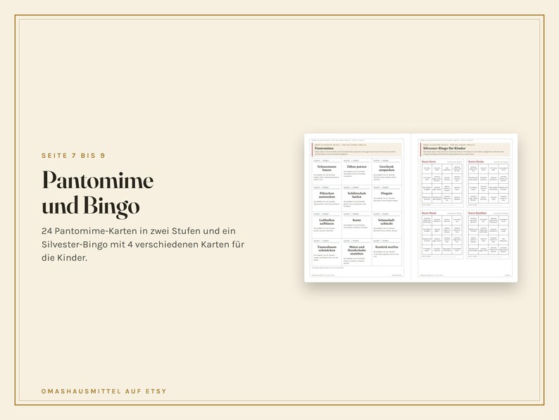 K&ouml;nnte beinhalten: Eine digitale Dokumentenseite mit dem Text 'SEITE 7 BIS 9', 'Pantomime und Bingo' und '24 Pantomime-Karten in zwei Stufen und ein Silvester-Bingo mit 4 verschiedenen Karten f&uuml;r die Kinder.' Sie zeigt ein Raster mit Spielkarten.