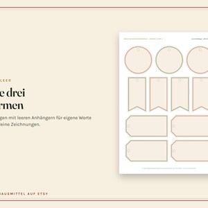 May include: A sheet of paper featuring various blank tags in three distinct shapes: circles, rectangular banners with pointed ends, and rectangular labels with angled corners. Each tag has a small hole at the top for stringing. The text reads GANZ LEER Alle drei Formen Ein Bogen mit leeren Anh&auml;ngern f&uuml;r eigene Worte oder kleine Zeichnungen. OMASHAUSMITTEL AUF ETSY.