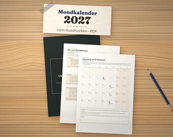 Mondkalender 2027 deutsch zum Ausdrucken, Aussaatkalender 2027, Mondphasen Kalender, Gartenplaner 2027, Haarkalender PDF A4