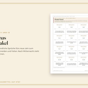 K&ouml;nnte beinhalten: Ein druckbares Blatt mit dem Titel Omas Orakel, das zw&ouml;lf einzelne rechteckige Karten mit deutschem Text enth&auml;lt, nummeriert von eins bis zw&ouml;lf. Jede Karte enth&auml;lt einen kurzen Neujahrsspruch, der ausgeschnitten und gefaltet werden kann.