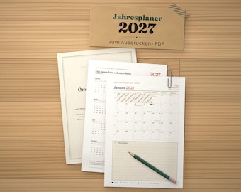 Jahresplaner 2027 zum Ausdrucken, Kalender 2027 mit Mondphasen, Monatsplaner PDF A4, Jahresübersicht 2027