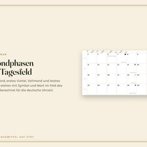 May include: A cream-coloured calendar page featuring a grid layout with black numbers and moon phase symbols. The text reads: NAH DRAN Mondphasen im Tagesfeld Neumond, erstes Viertel, Vollmond und letztes Viertel stehen mit Symbol und Wort im Feld des Tages, berechnet f&uuml;r die deutsche Uhrzeit. OMASHAUSMITTEL AUF ETSY.