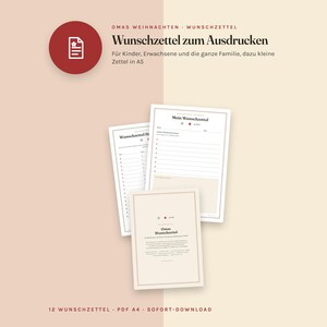 Puede incluir: Un conjunto de plantillas de listas de deseos imprimibles con el texto Omas Weihnachten Wunschzettel, Wunschzettel zum Ausdrucken, Mein Wunschzettel y Omas Wunschzettel. Los documentos incluyen secciones con l&iacute;neas para escribir y son tama&ntilde;o A5.