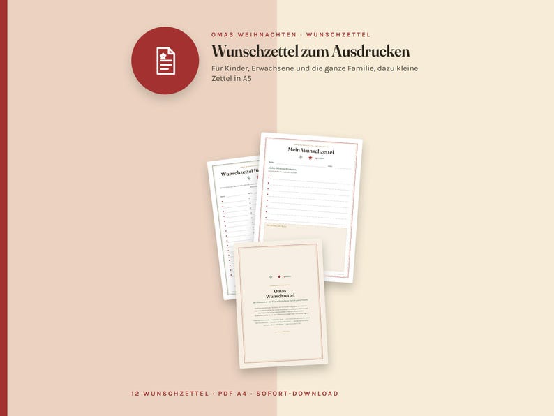 Puede incluir: Un conjunto de plantillas de listas de deseos imprimibles con el texto Omas Weihnachten Wunschzettel, Wunschzettel zum Ausdrucken, Mein Wunschzettel y Omas Wunschzettel. Los documentos incluyen secciones con l&iacute;neas para escribir y son tama&ntilde;o A5.