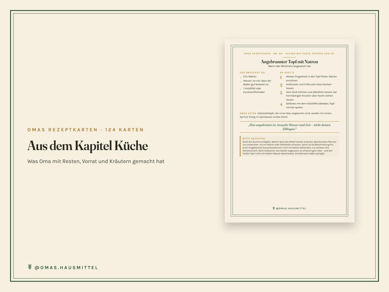 以下が含まれることがあります： クリーム色のカードセットで、Omas Rezeptkarten - 124 KartenというタイトルとAus dem Kapitel K&uuml;cheというテキストがあり、右側にはAngebrannter Topf mit Natronというタイトルの詳細な説明カードがあり、濃い緑色の細い枠で囲まれています。