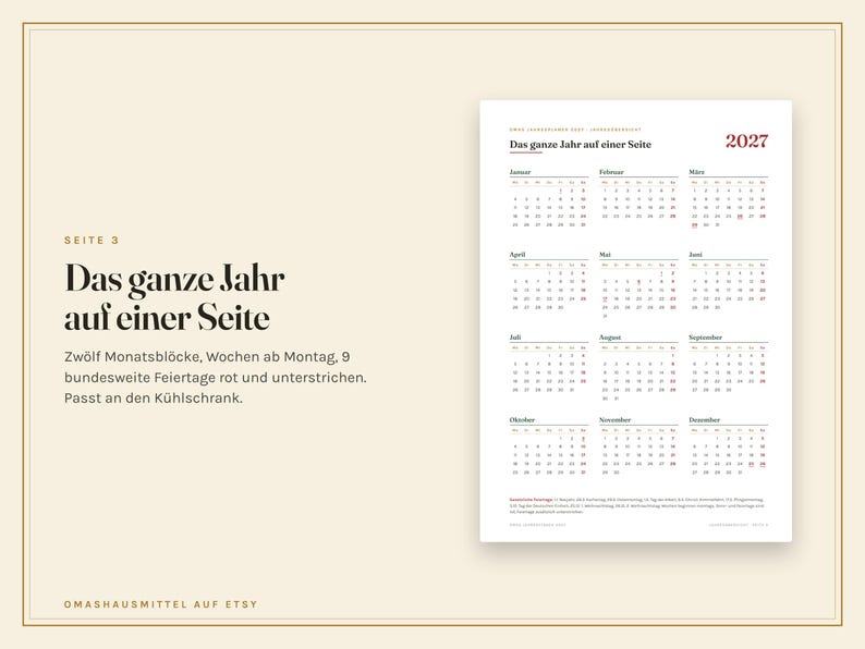 May include: A 2027 annual calendar printed on a white sheet, featuring twelve monthly grids arranged in a four-by-three layout. The text 'Das ganze Jahr auf einer Seite' and '2027' appear in black and red ink, with weeks starting on Monday.