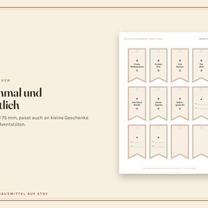 May include: A printable sheet of twelve rectangular gift tags with notched bottoms, featuring red and green borders, small circular holes at the top, and German text including Frohe Weihnachten, Von Herzen, and F&uuml;r dich, measuring 40 by 75 mm.
