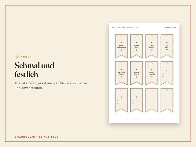 May include: A printable sheet of twelve rectangular gift tags with notched bottoms, featuring red and green borders, small circular holes at the top, and German text including Frohe Weihnachten, Von Herzen, and F&uuml;r dich, measuring 40 by 75 mm.